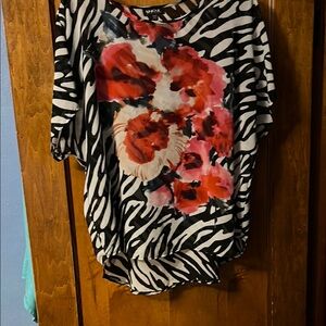 Women's Black and White Zebra Print Top with Red Floral Design